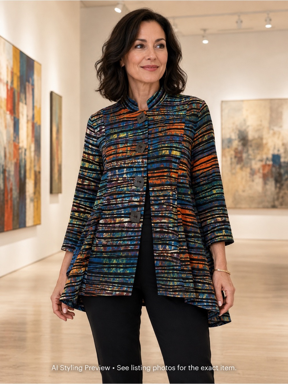 Multiples L XL Wearable Art Swing Jacket Multicolor Striped Lagenlook